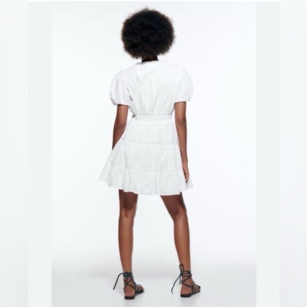 NWT Zara Lace Insert Trim Balloon Sleeve Cotton Tiered Mini Dress in White - Picture 7 of 12